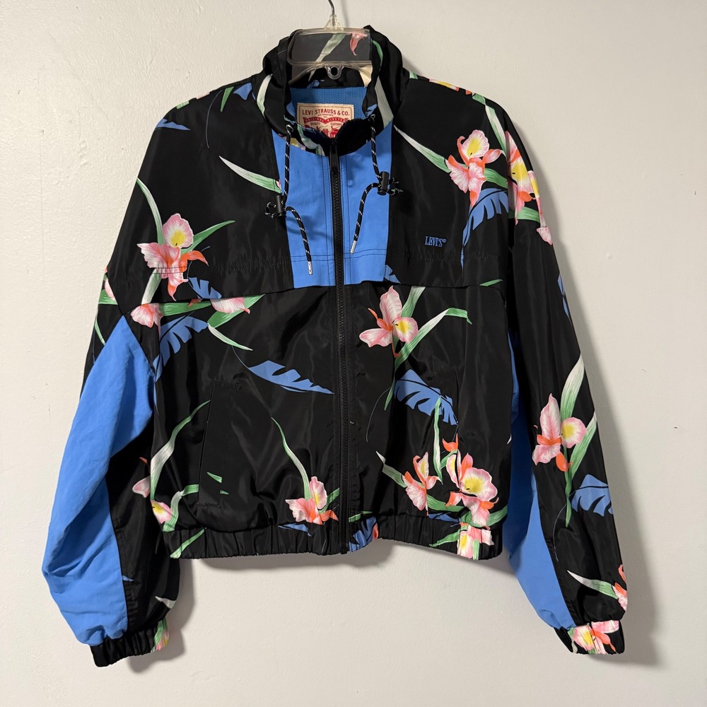 Levis Womens Tropical Floral Windbreaker Jacket Black Blue Pink Size M Full Zip